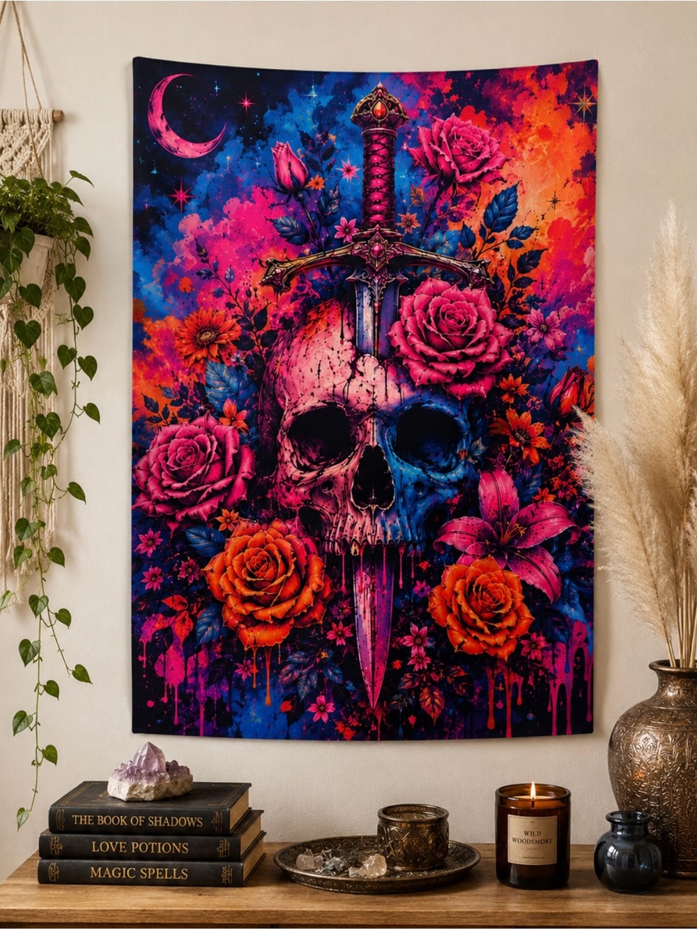 Tapestry Tie Dye Floral Skull & Sword 26x32